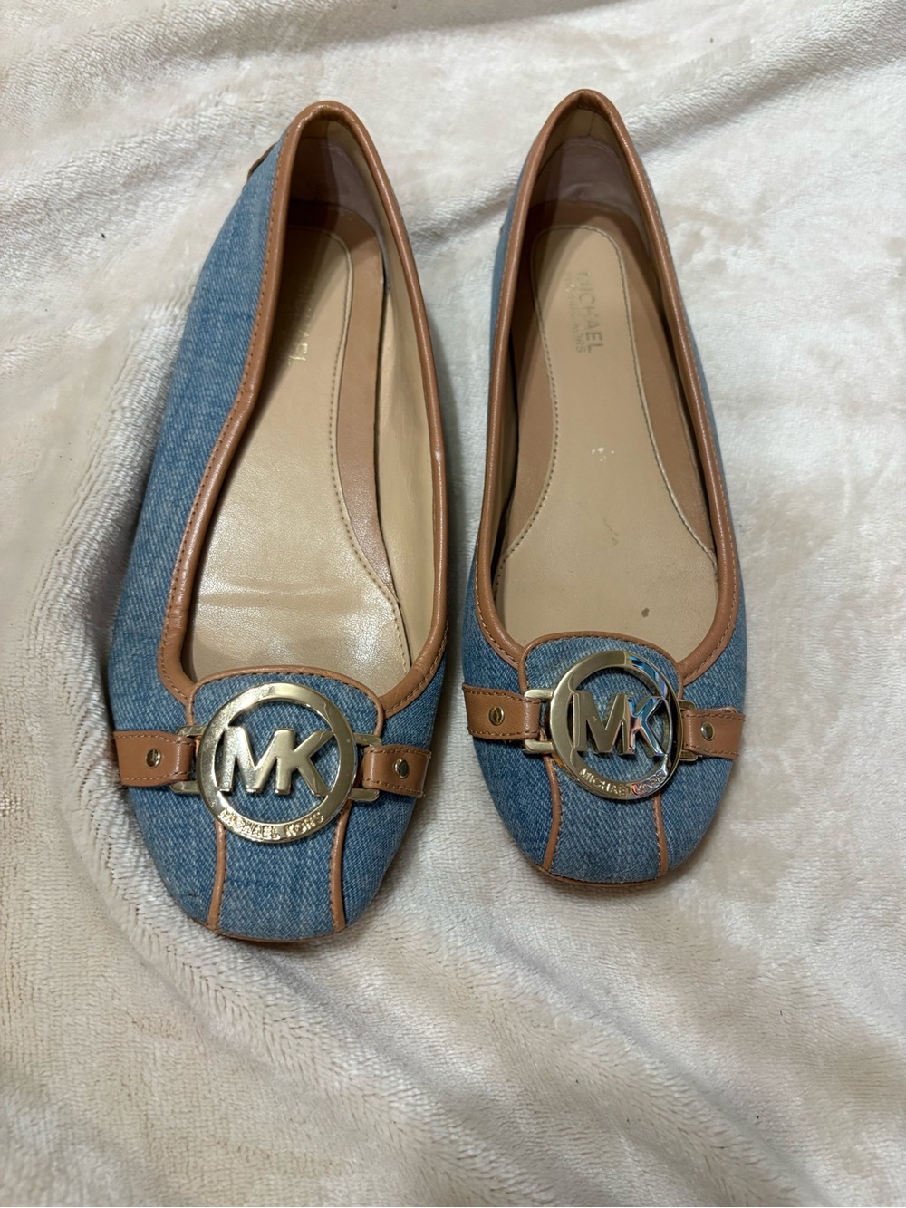 Michael Kors Denim & Tan Leather Logo Ballet Flats with Gold Hardware